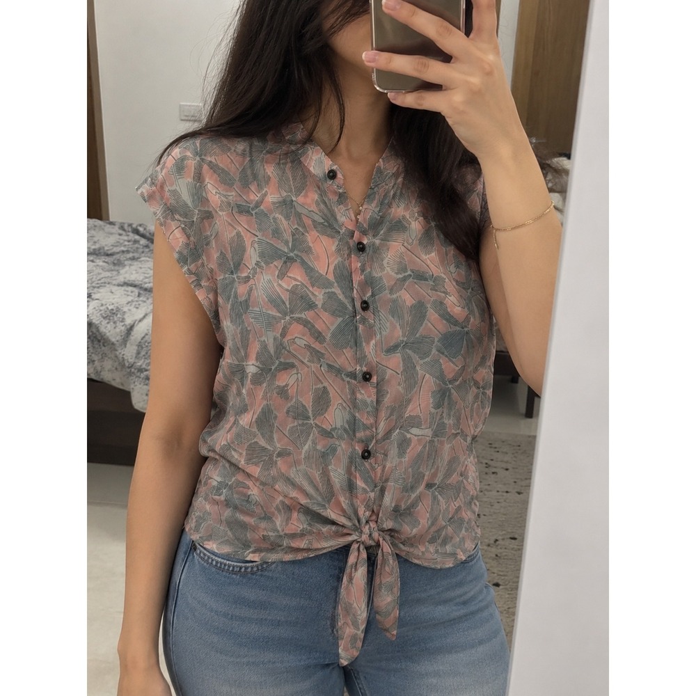 Bar III Womens Pink Grey Abstract Print Tie Front Sleeveless Blouse Size M